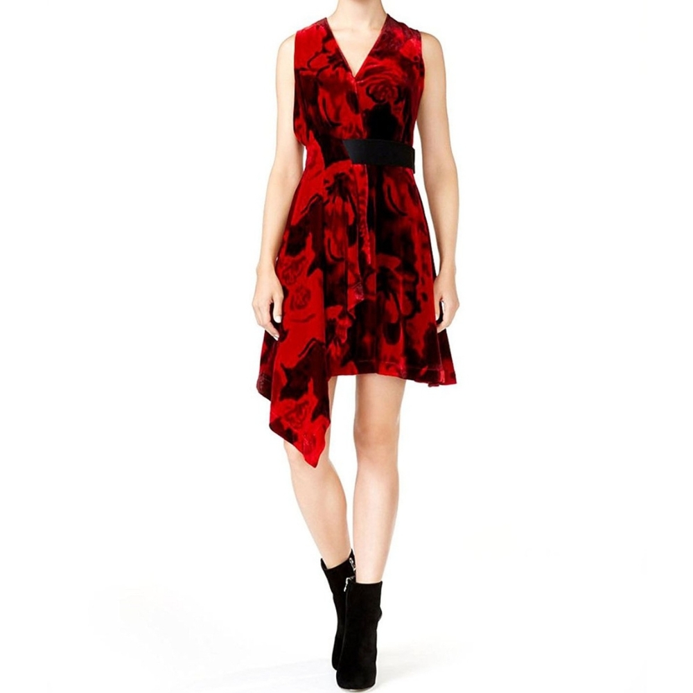 RACHEL Rachel Roy Red and Black Asymmetrical Fit and Flare Dress